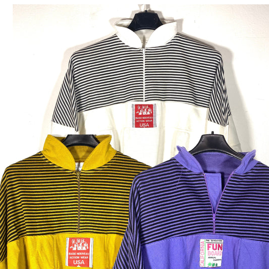 Striped Cotton sweatshirt with zip up collar, yellow, white or purple, cool pattern, NWT 80s.
