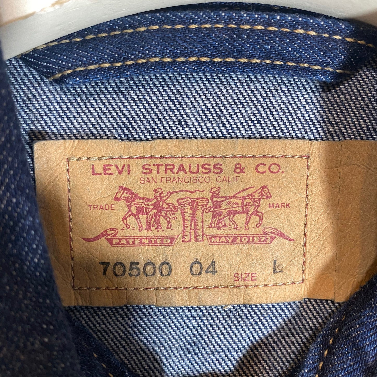 Levi’s red tab slim fit L size trucker denim jacket, dark indigo blue, new with tags, mint.