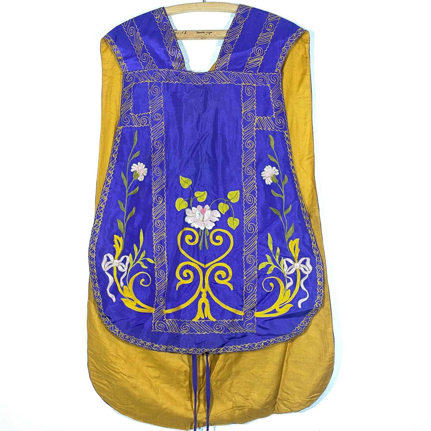 Antique priest cloth, purple silk with golden trimmings and colorful floral silk hand made embroideries