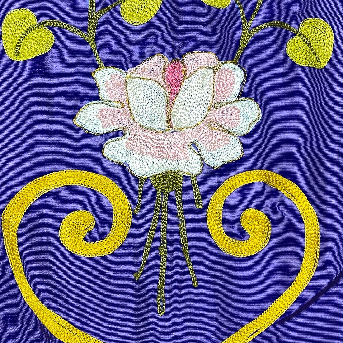 Antique priest cloth, purple silk with golden trimmings and colorful floral silk hand made embroideries