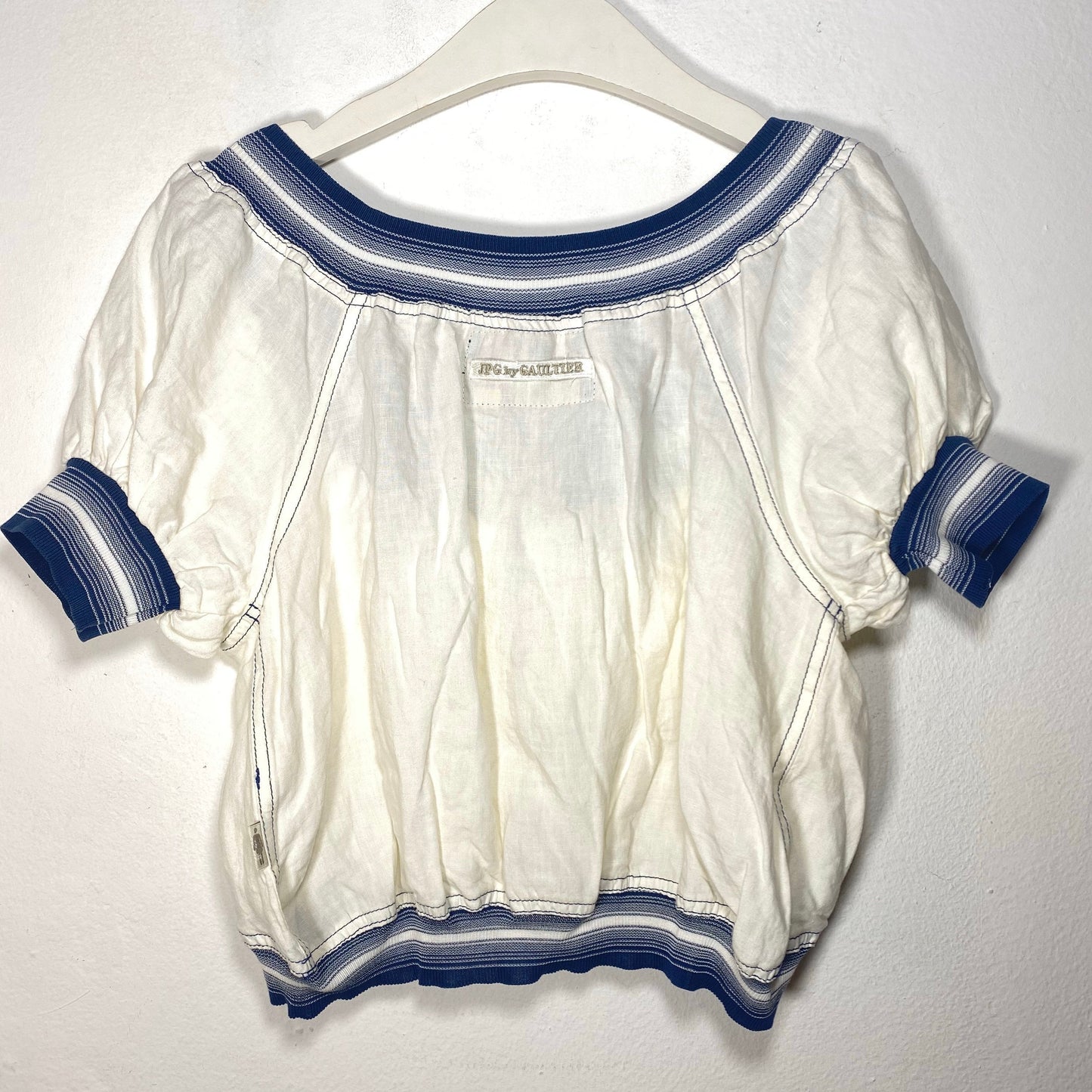 J.P. Gaultier Jean’s white linen zip up top /jacket with striped collar, waist & cuffs, NWT 90s