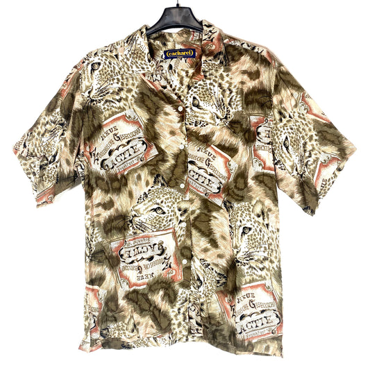 Cacharel fresh viscose aloha shirt, cheetah / vintage zoo print allover of brown & pink tones, in great condition