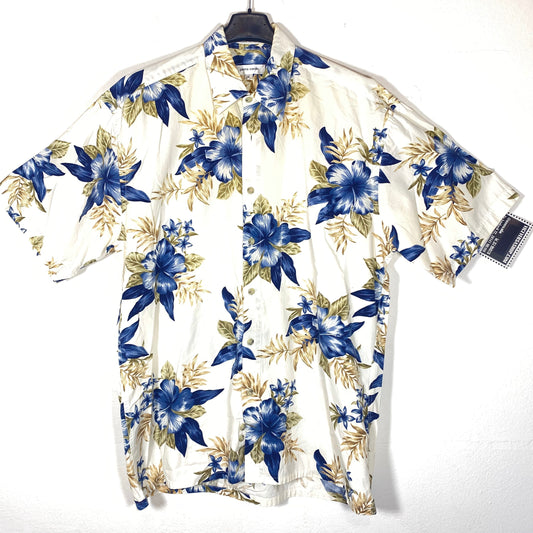 Pierre Cardin cotton aloha shirt, white with blue tropical flowers, great condition