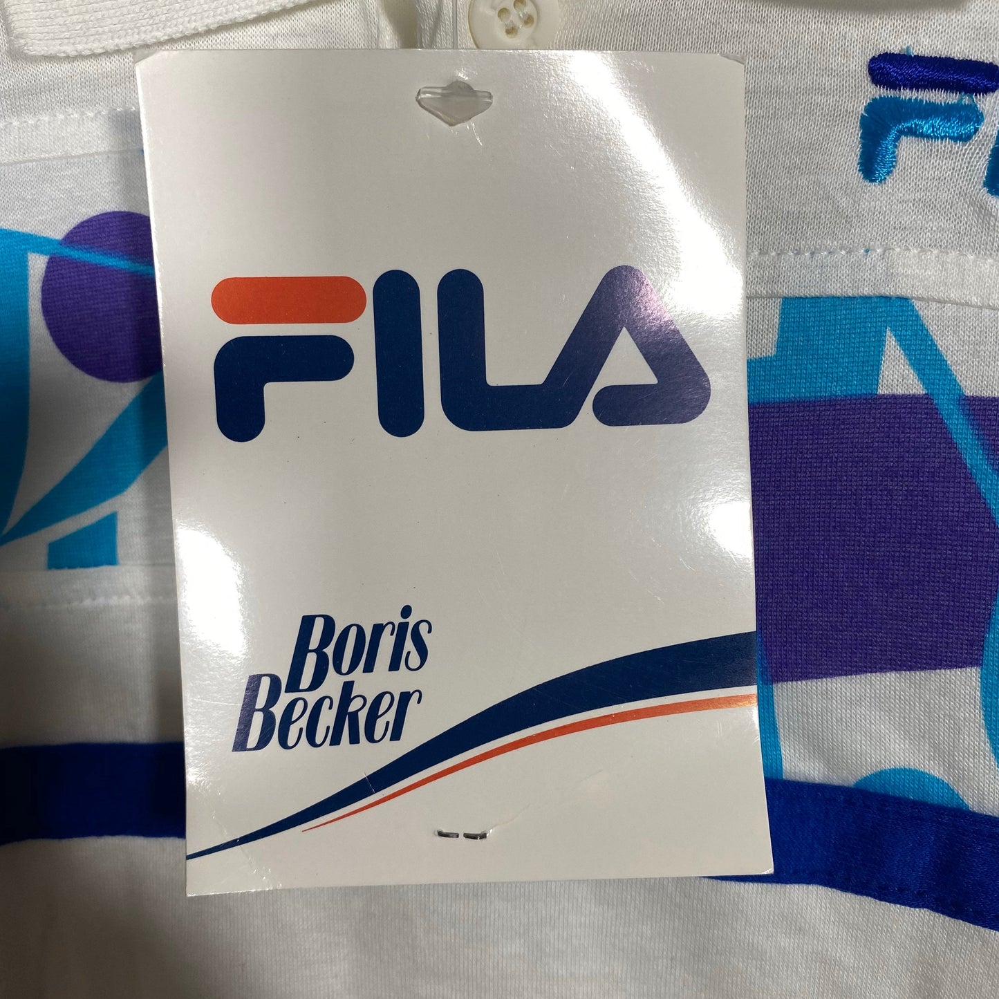 Fila Boris Becker white Cotton tennis polo shirt with abstract print, NWT 90s