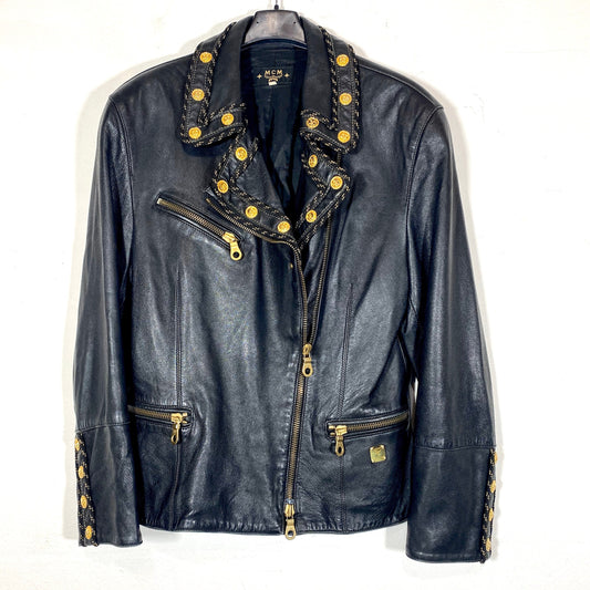 MCM black leather chiodo biker jacket for ladies, with golden metal adornements, mint