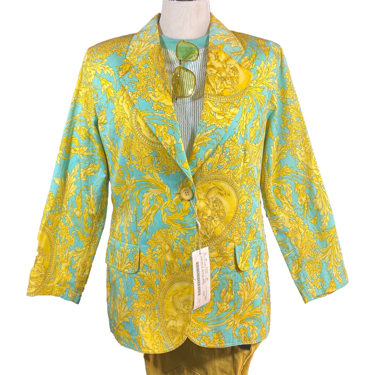 Genny by Versace vintage NWT baroque cotton blazer, turquoise/yellow print sz 42