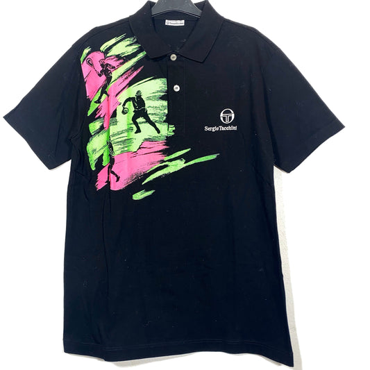 Sergio Tacchini black tennis polo shirt with neon colors print, 90s NOS