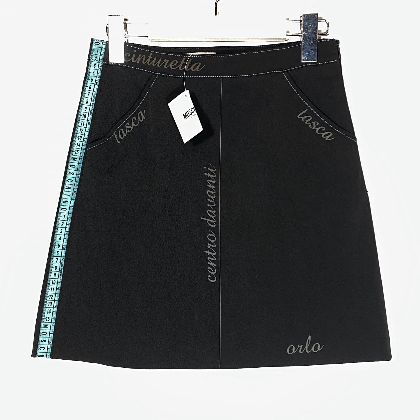 Moschino NWT black ladies / girls mini skirt with sartorial measuring tape and notes sz 36