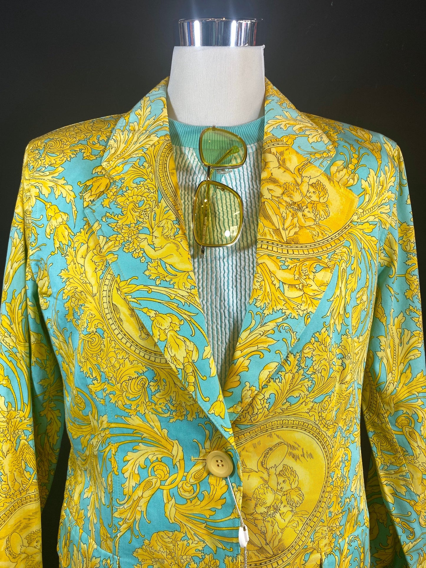 Genny by Versace vintage NWT baroque cotton blazer, turquoise/yellow print sz 42