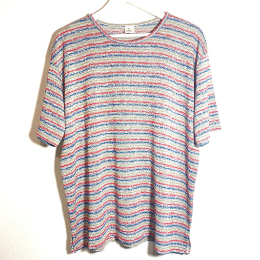 Coogi vibe Knitted Viscose stripedt shirt in blue, red, green and white with silver accents , NOS size 50