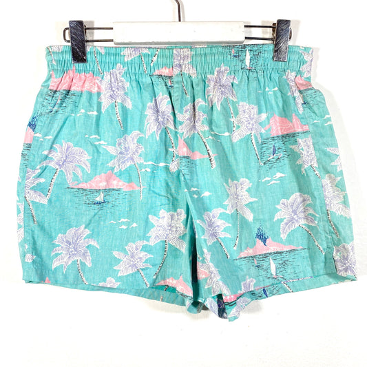 Reyn Spooner NOs 80s Hawaiian palms volcanoes print sea green swim shorts made in 100% cotton, size S