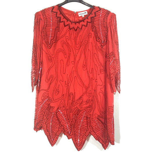 Murek Flapper style red silk fully front back glass beaded / paillettes top, great condition