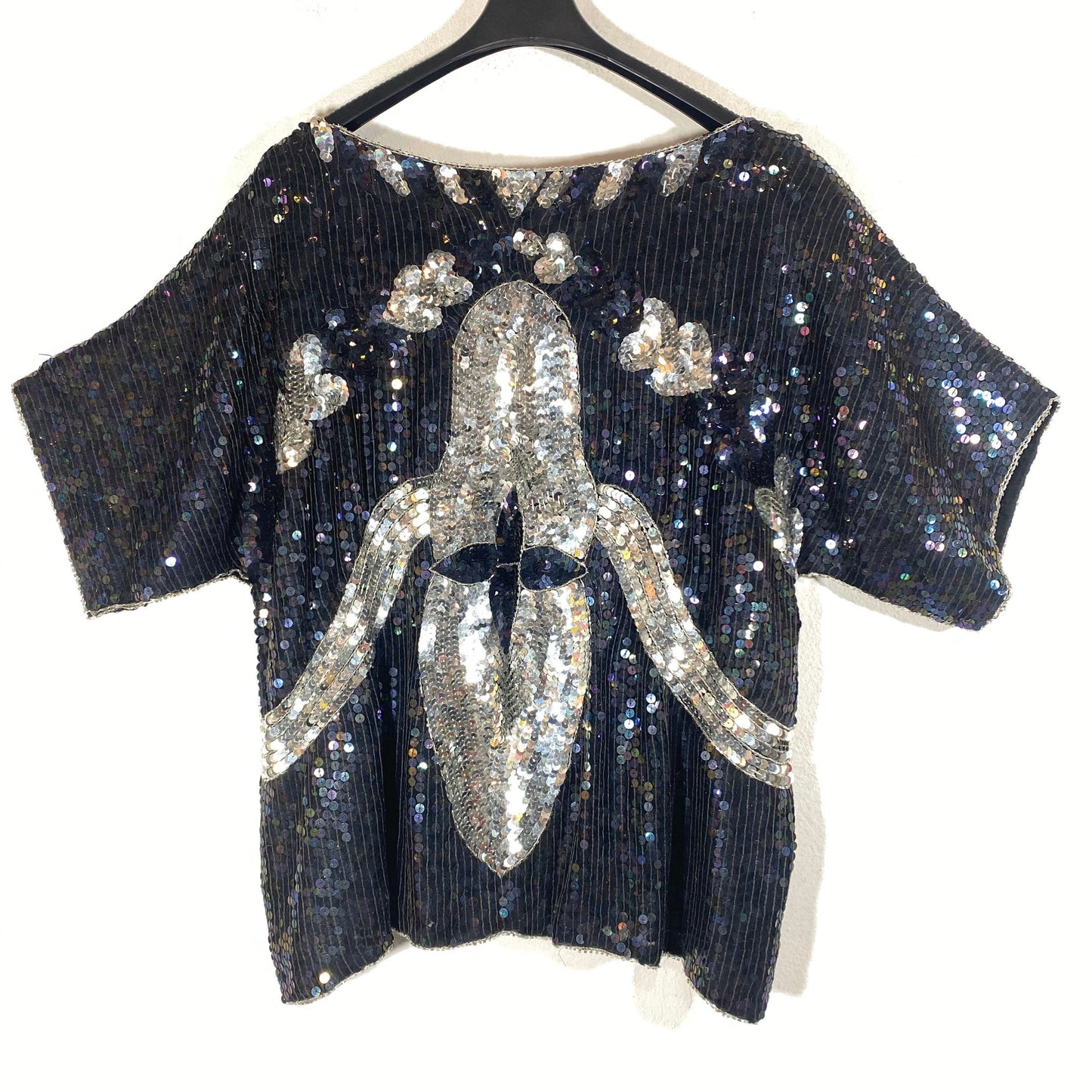 Black silk flapper style ladies blouse / top fully handmade embroidered with paillettes and glass beads,