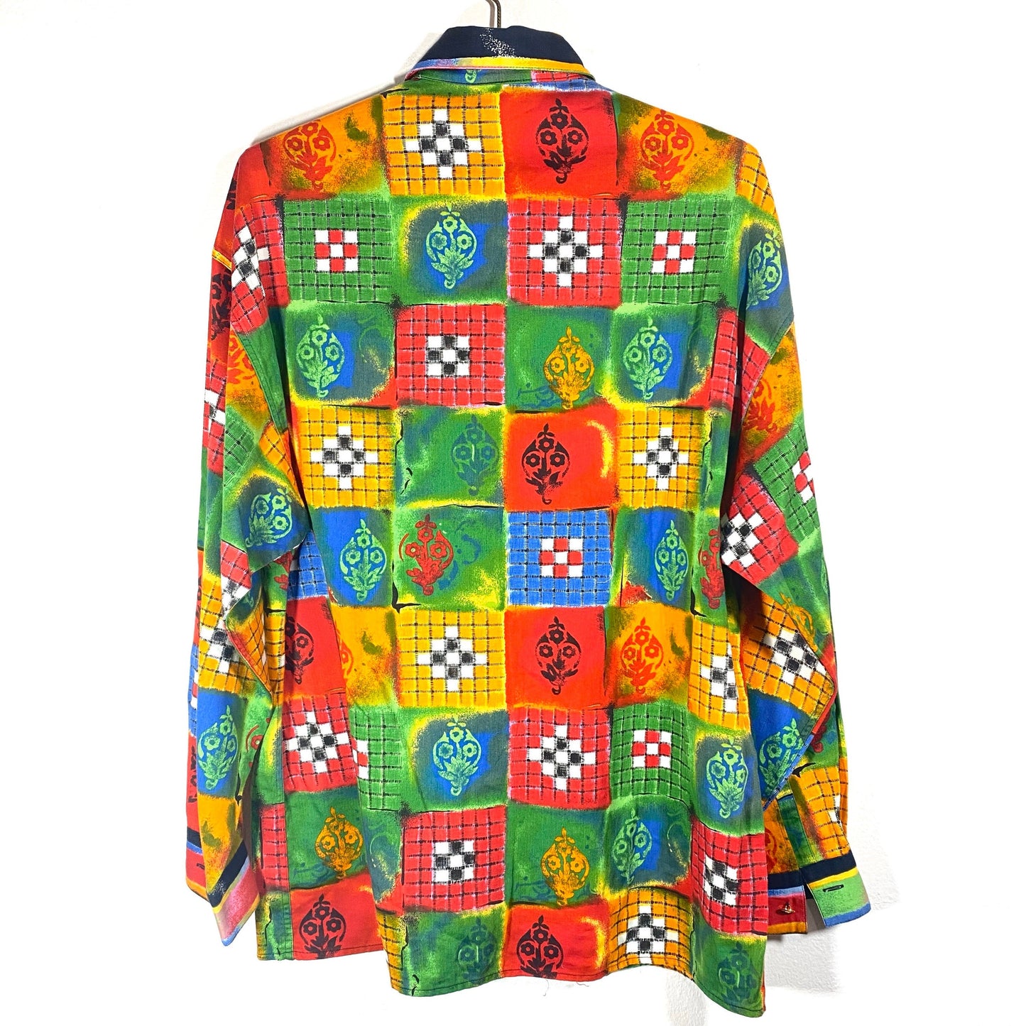 Versus Versace 90s colorful cotton shirt, checkered with batik alike print, in mint condition.