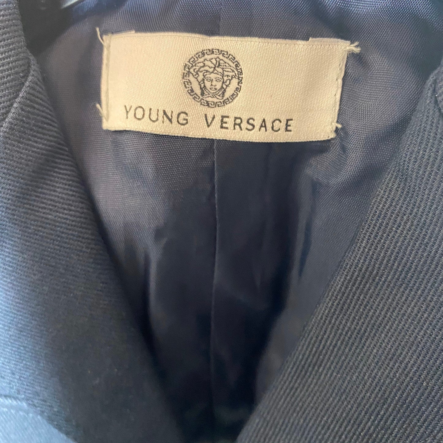 Young Versace navy cotton blazer military style with Medusa buttons. sz 18months, mint.