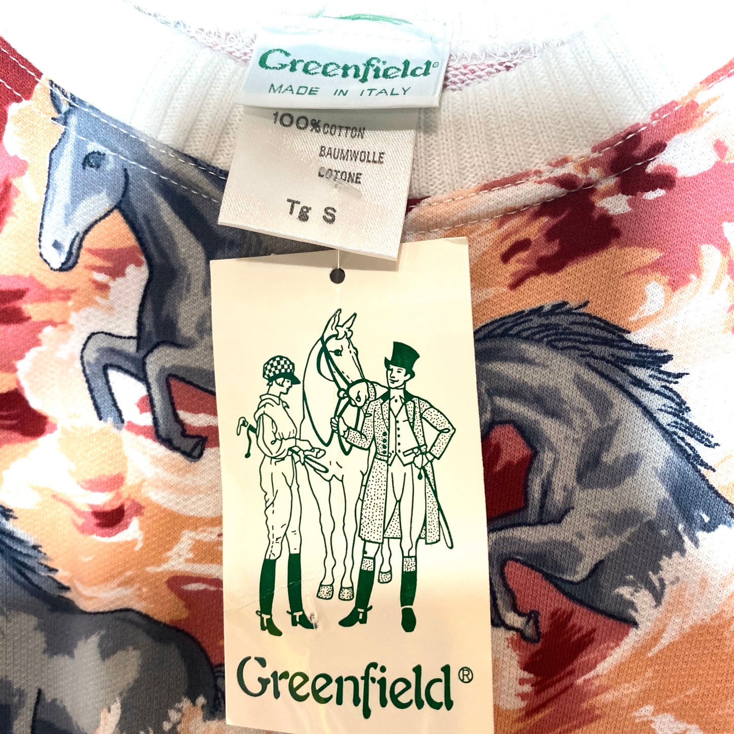 Greenfield coolest short sleeved sweatshirt with horses wading pink waves, 1980s NWT sz S,L