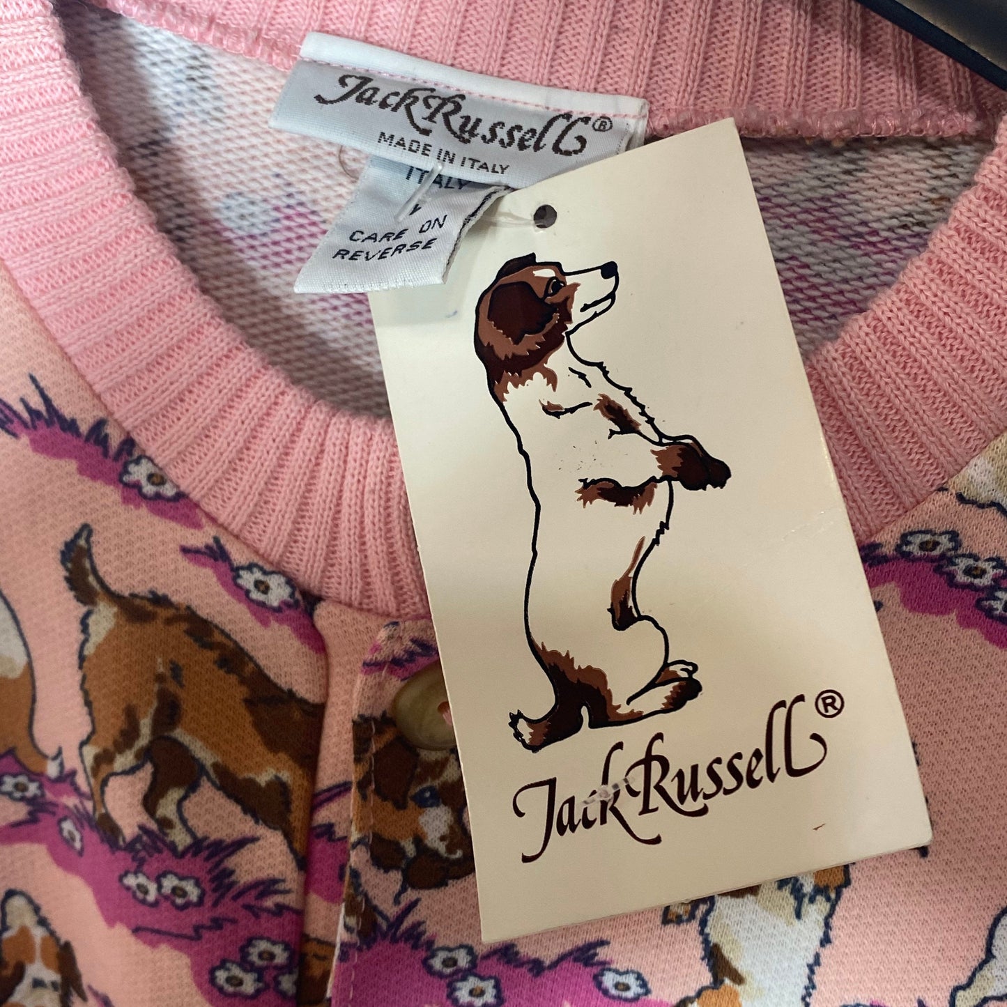 Jack russel dogs pink cotton allover print sweatshirt, size L, new with tags 1980s NOS