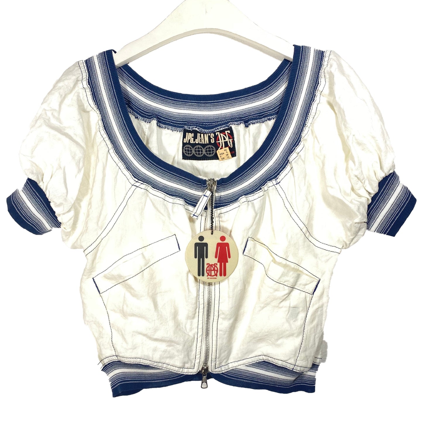 J.P. Gaultier Jean’s white linen zip up top /jacket with striped collar, waist & cuffs, NWT 90s