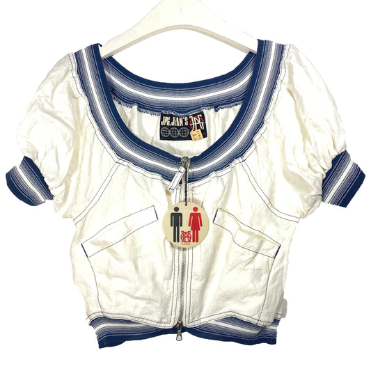 J.P. Gaultier Jean’s white linen zip up top /jacket with striped collar, waist & cuffs, NWT 90s