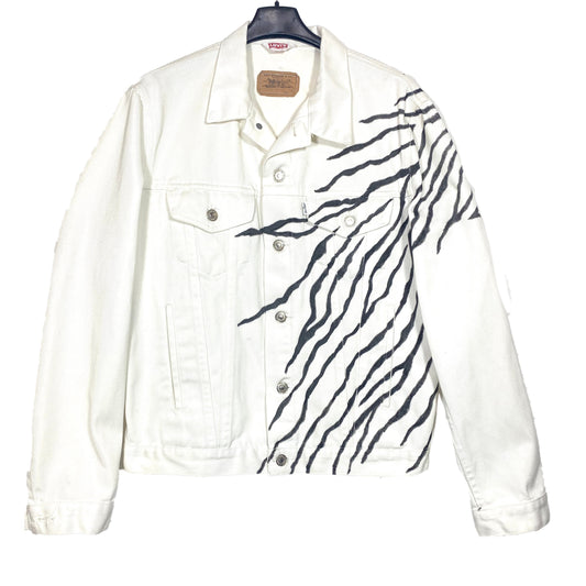 Levi’s white denim trucker jacket hand painted with zebra animalier pattern, minty and unique
