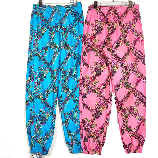 O’Neill 90s NO cotton blend surfer style trousers, fucsia or blue with colorful allover, sz S, M