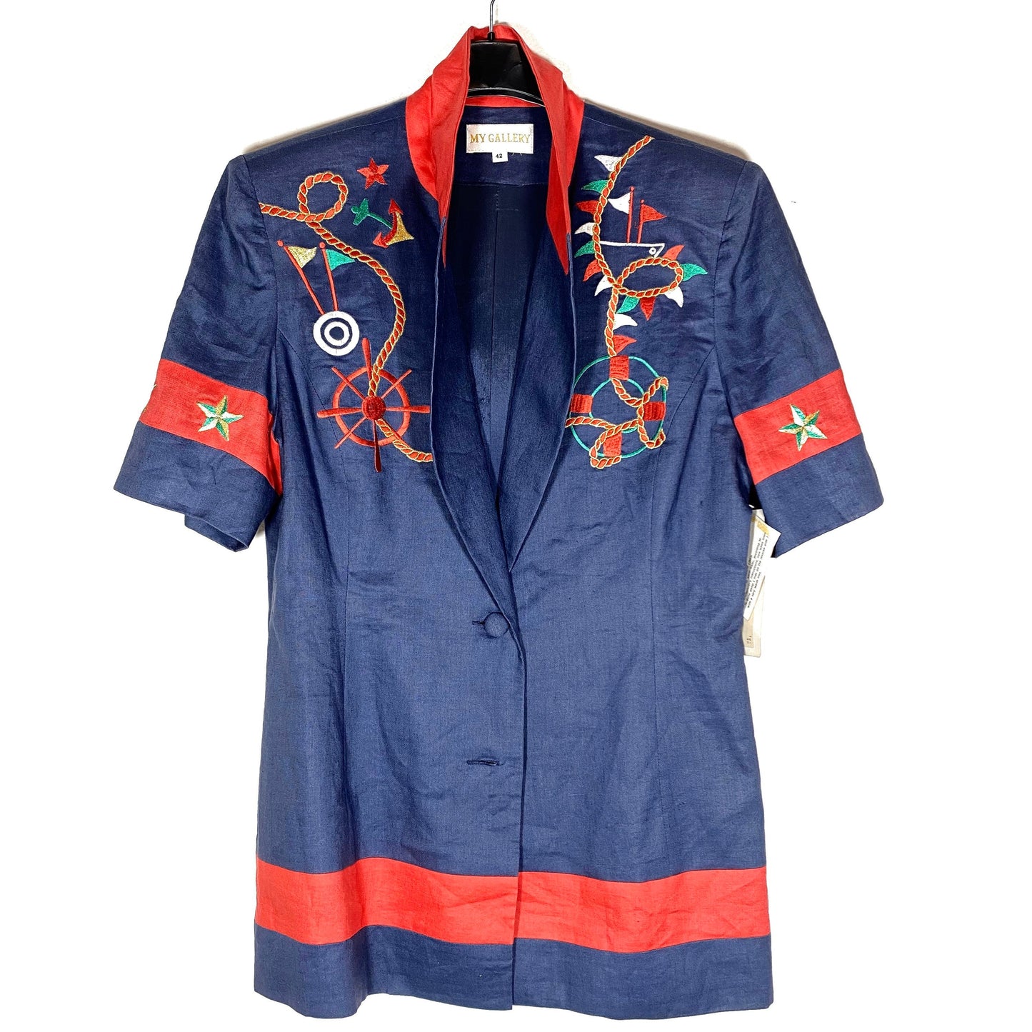 My Gallery 80s yachting style ladies linen blazer with mariner themed embroideries, new with tags