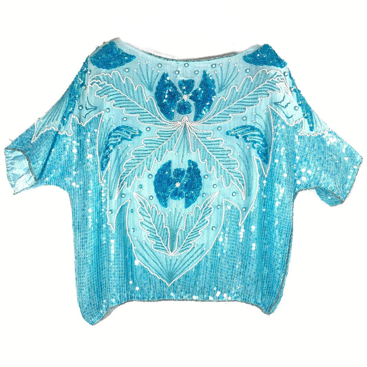 Cavalier pure silk flapper style light blue fully hand embroidered top, size XL on label, 44/46