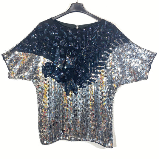 Silver / black sequined silk flapper blouse / top fully hand embroidered with paillettes and glass beads