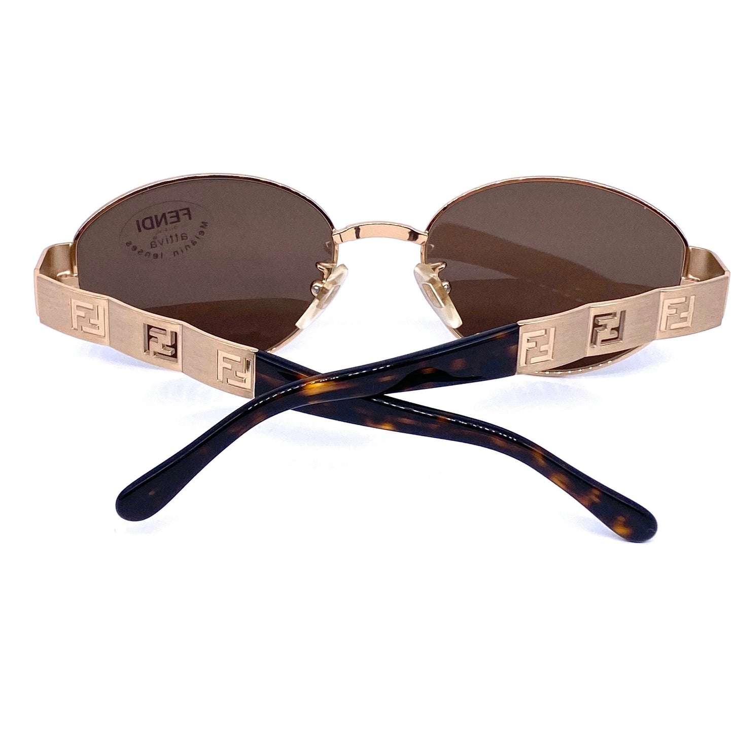 Fendi SL 7159 oval satin gold sunglasses with cutoff logo details on temples, NOs 90s, mint