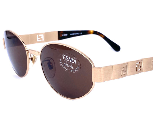 Fendi SL 7159 oval satin gold sunglasses with cutoff logo details on temples, NOs 90s, mint