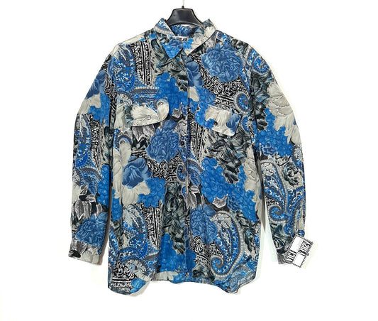 New Moon satin Floral-baroque blue / grey floral shirt 1980s Italy