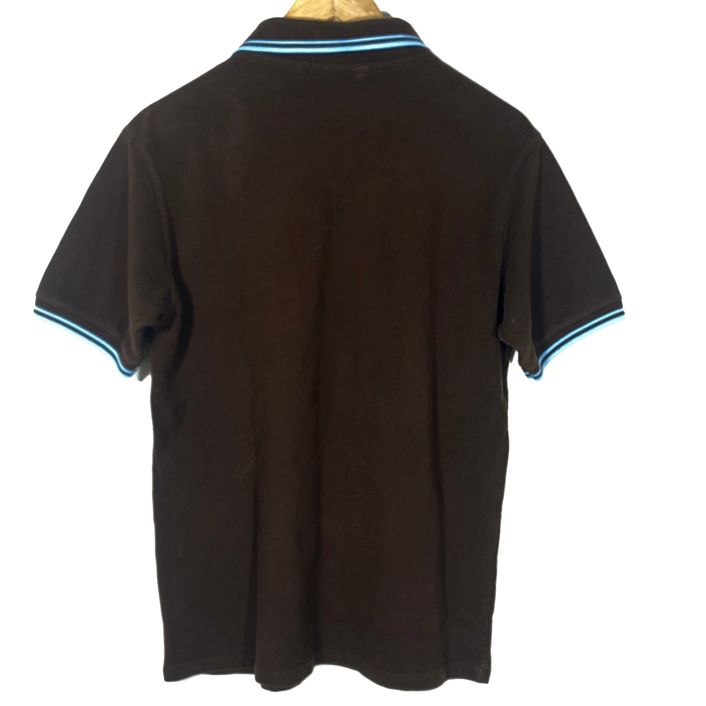 Fred Perry brown cotton piquet classic polo shirt w light blue stripes & logo, size 44 112 cm