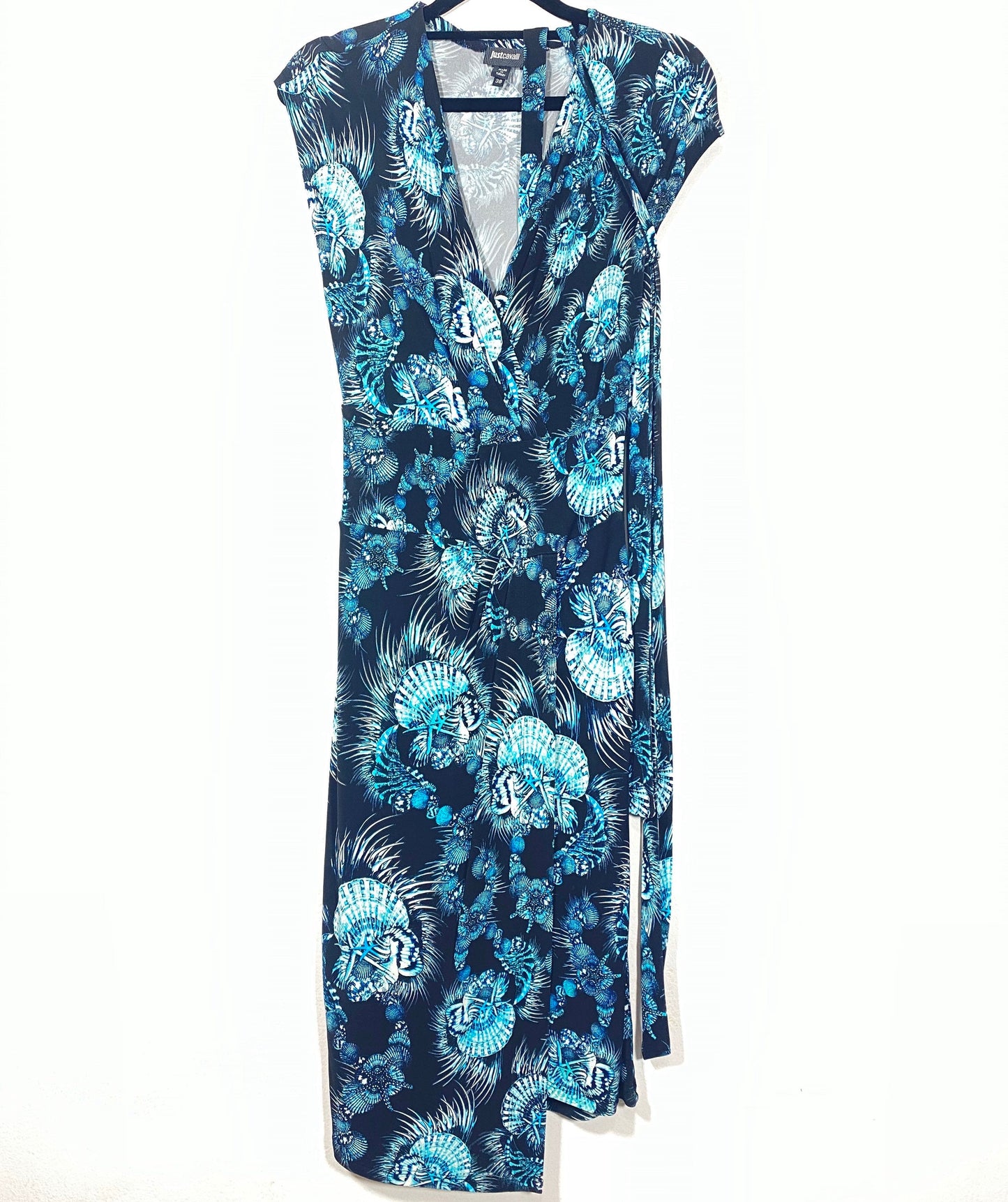 Just Cavalli Black / blue sea shells & stars long viscose dress, mint condition.