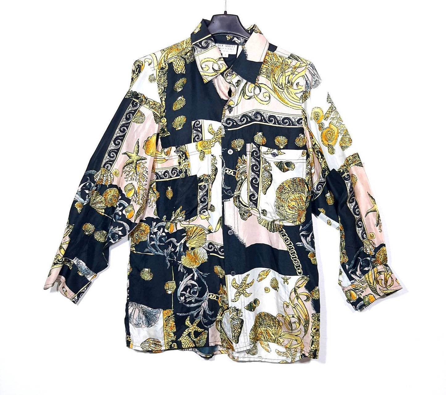 Baroque sea themed pink, black and gold pure silk shirt, 80s in great condition