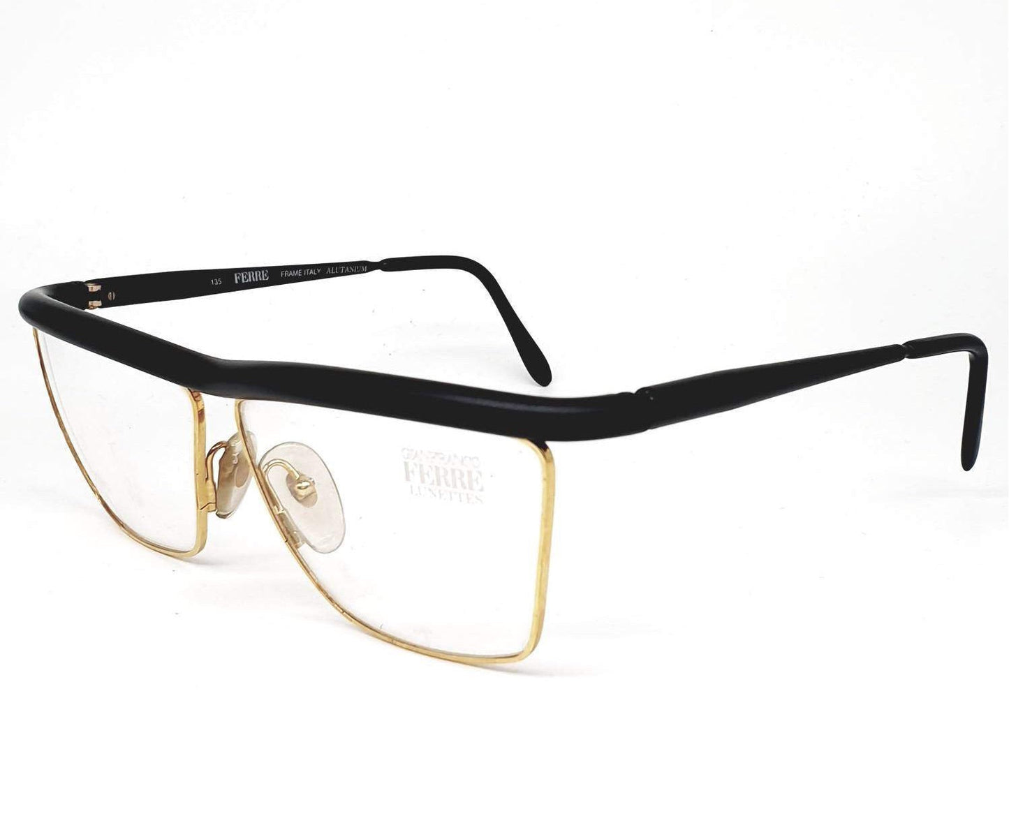 Gianfranco Ferré GFF 32N Square shape black and gold eyeglasses  rounded frames. Italy, 1980s nos