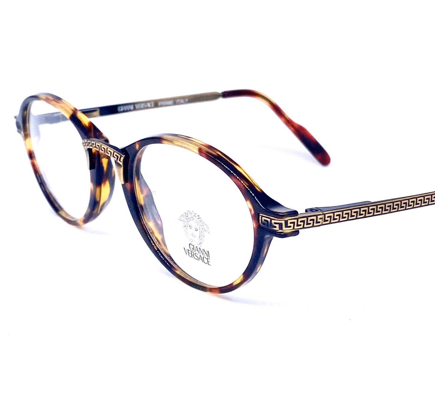 Gianni Versace G-21 round tortoise eyeglasses with carved greek antique brass temples and bridge, NOS 90s