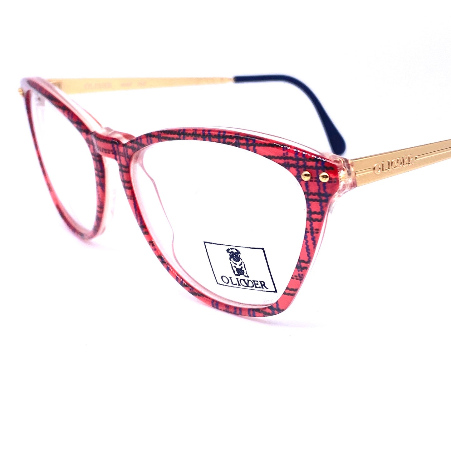 Oliver Valentino red cateye tartan print eyeglasses frames with golden temples, NoS 80s