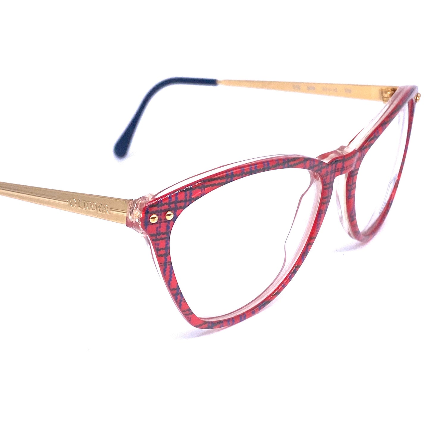 Oliver Valentino red cateye tartan print eyeglasses frames with golden temples, NoS 80s