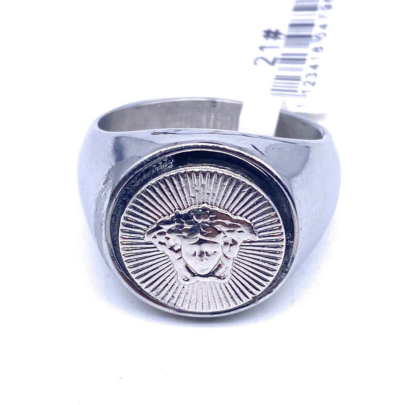 Versace medusa button ring with stainless steel base sz 21 unique piece