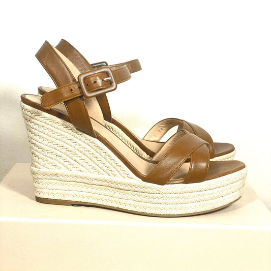 Sergio Rossi brown leather platform sandals with espadrilles alike cord sole, as new with boxed