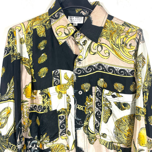 Baroque sea themed pink, black and gold pure silk shirt, 80s in great condition