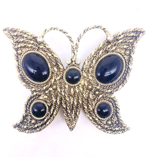 Jeweled golden Butterfly belt buckle with black stones and swarowskys, NOs 70s