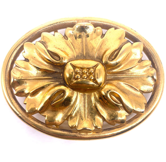 Baroque brass belt buckle with carved floral motif, NOs 70s