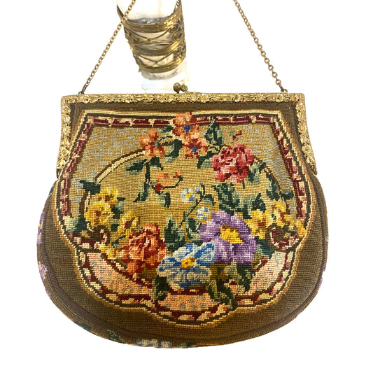 Auth. 1920s petit point crochet hand bag with floral motif and brass frame and chain, 1930s ca, mint condition.