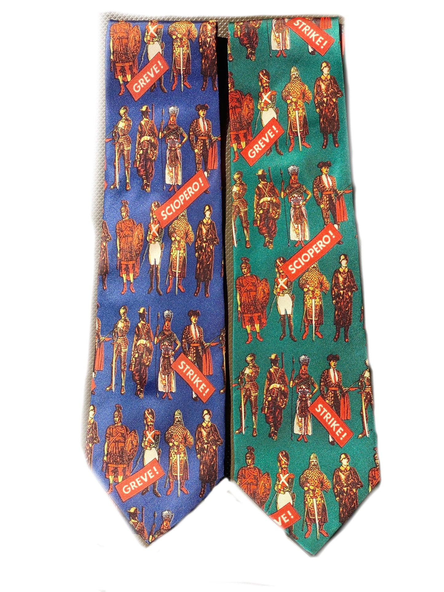 Duke of York unusual strike / greve / sciopero communist themed ties with /peculiar & military costumes allover, blue or green 80s NOS
