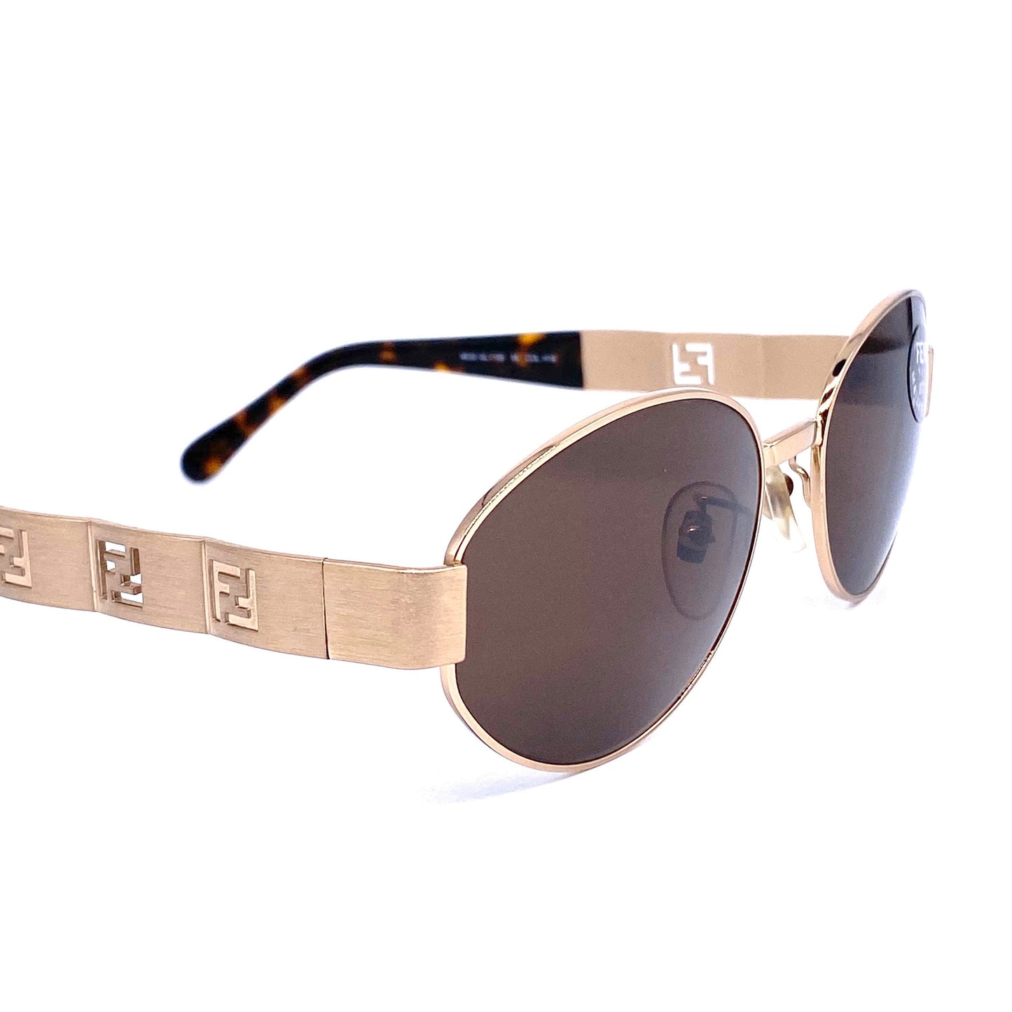 Fendi SL 7159 oval satin gold sunglasses with cutoff logo details on temples, NOs 90s, mint