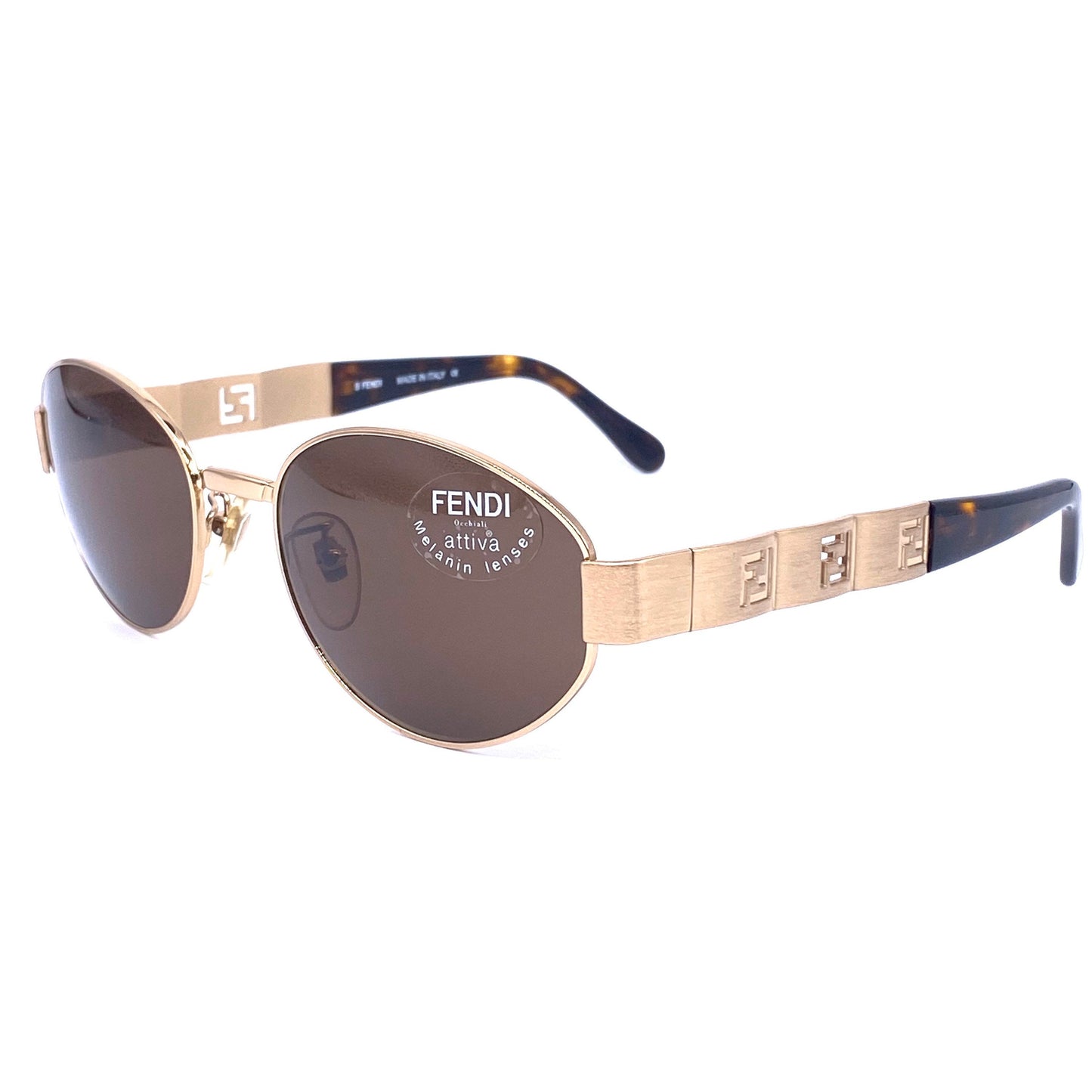 Fendi SL 7159 oval satin gold sunglasses with cutoff logo details on temples, NOs 90s, mint