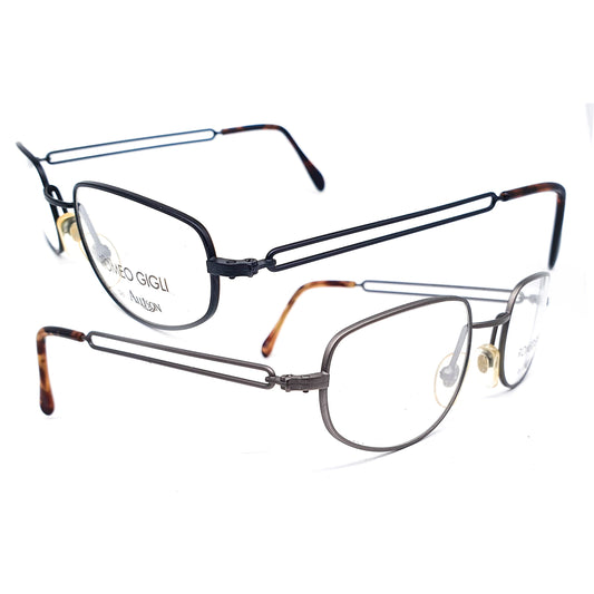 Romeo Gigli RG83 minimal square metal eyeglasses frame with cutoff temples design, in gunmetal grey or black, NOS 80s Italy