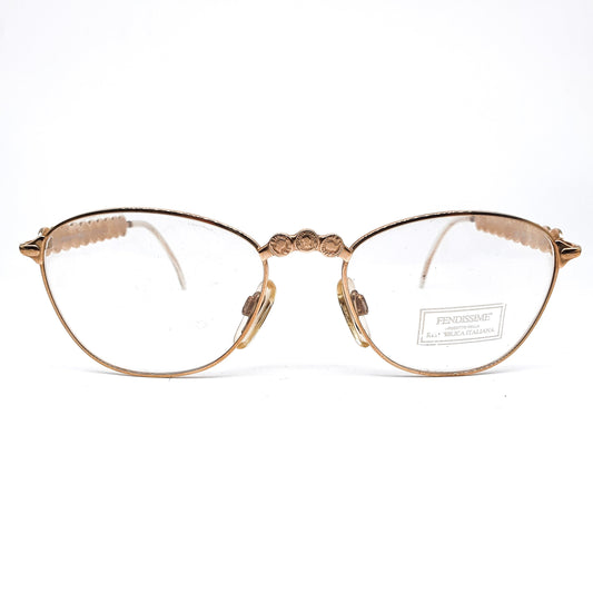 Fendi satin gold eyeglasses frames with outstanding set of coins on the bridge and temples, Italy 90s NOs