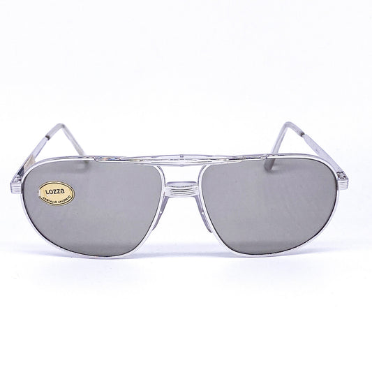Lozza L19.500 vintage silver square aviator sunglasses with light black lenses, made in Italy 1990s NOS